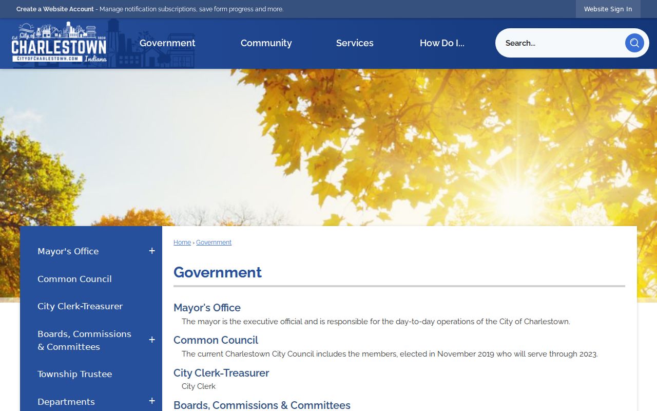 Charlestown official government page with City Hall information