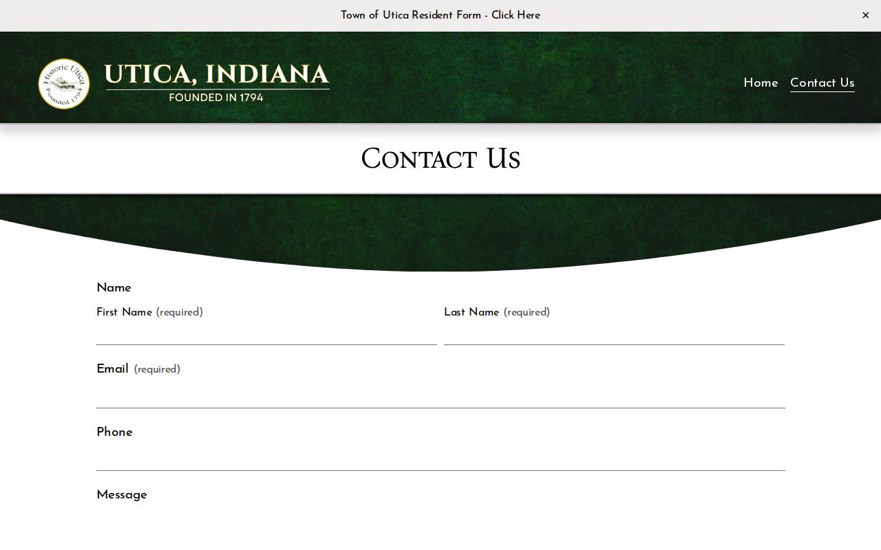 Official Utica town contact page without a dedicated warrant portal